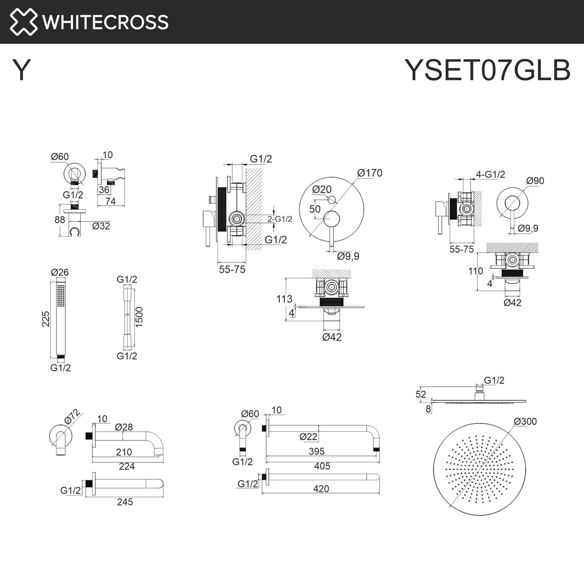 Система для ванны скрытого монтажа WHITECROSS Y YSET07GLB (брашированное золото)