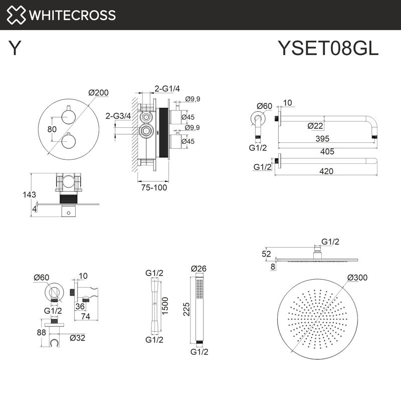 Термостатическая душевая система скрытого монтажа WHITECROSS Y YSET08GL (золото)