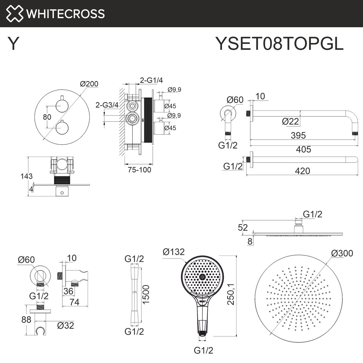 Термостатическая душевая система скрытого монтажа WHITECROSS Y YSET08TOPGL (золото)