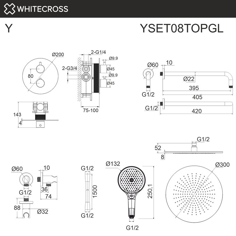 Термостатическая душевая система скрытого монтажа WHITECROSS Y YSET08TOPGL (золото)