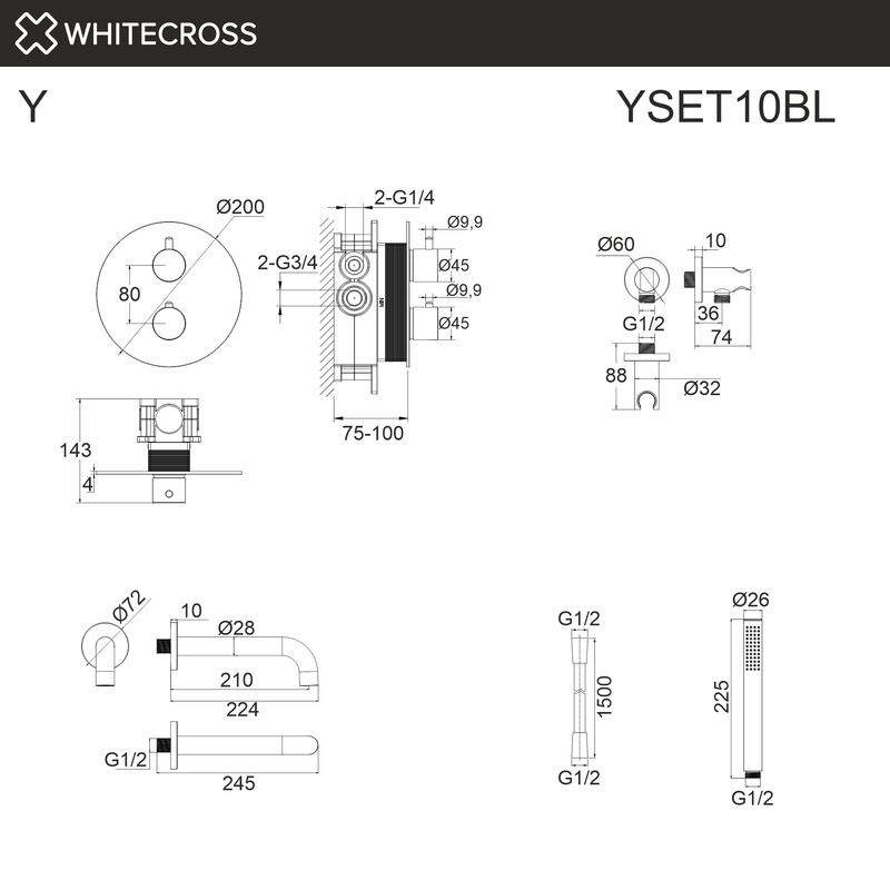 Душевой гарнитур скрытого монтажа WHITECROSS Y YSET10BL (черный матовый) термостатический