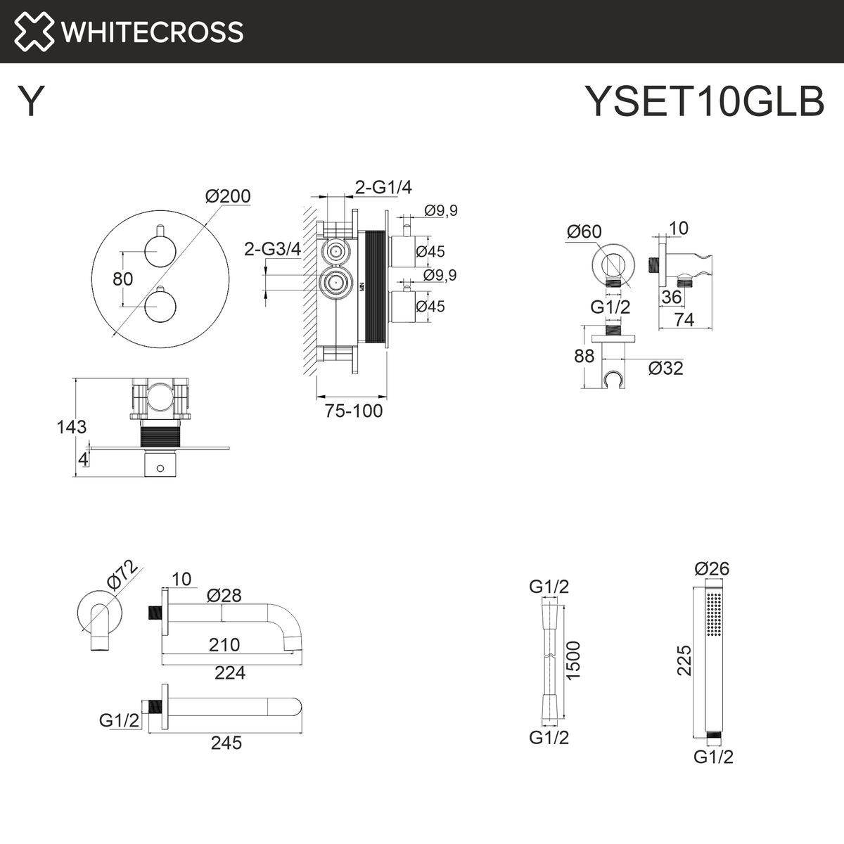 Термостатическая система для ванны скрытого монтажа WHITECROSS Y YSET10GLB (брашированное золото)