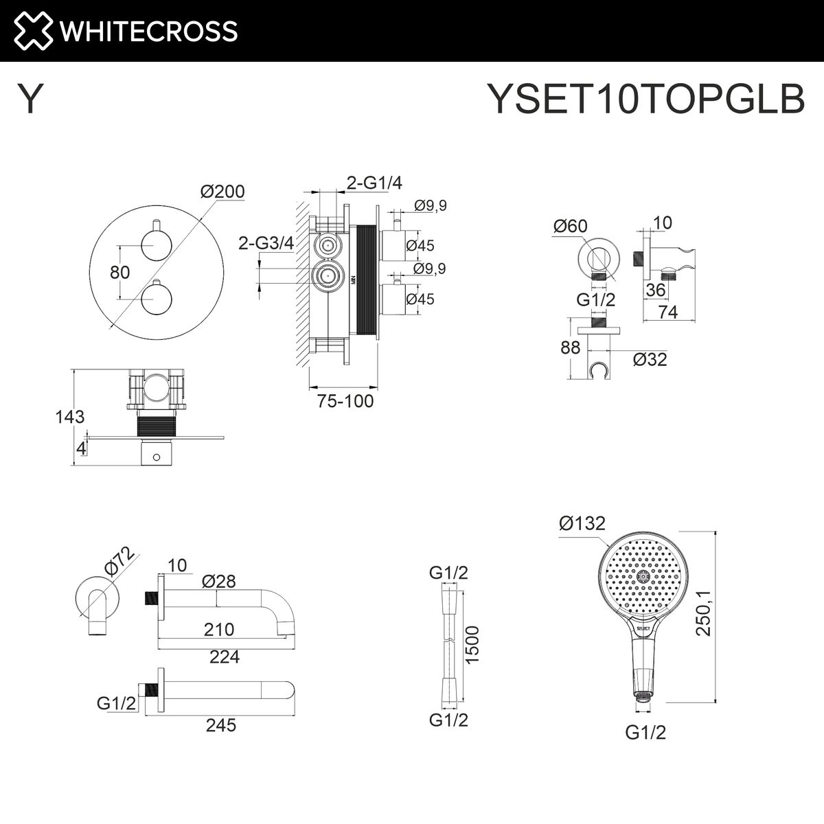 Термостатическая система для ванны скрытого монтажа WHITECROSS Y YSET10TOPGLB (брашированное золото)