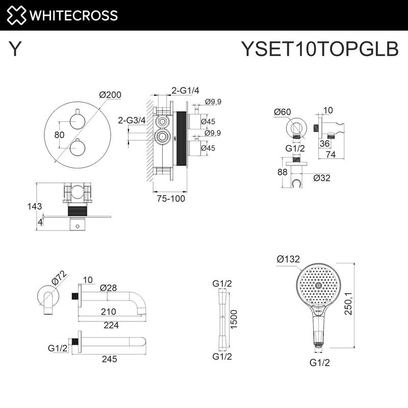 Термостатическая система для ванны скрытого монтажа WHITECROSS Y YSET10TOPGLB (брашированное золото)