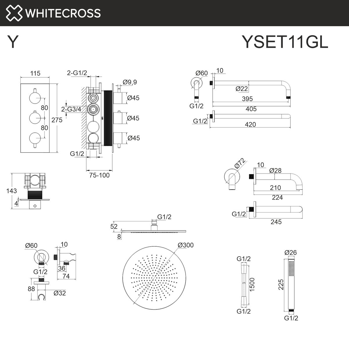 Термостатическая система для ванны скрытого монтажа WHITECROSS Y YSET11GL (золото)