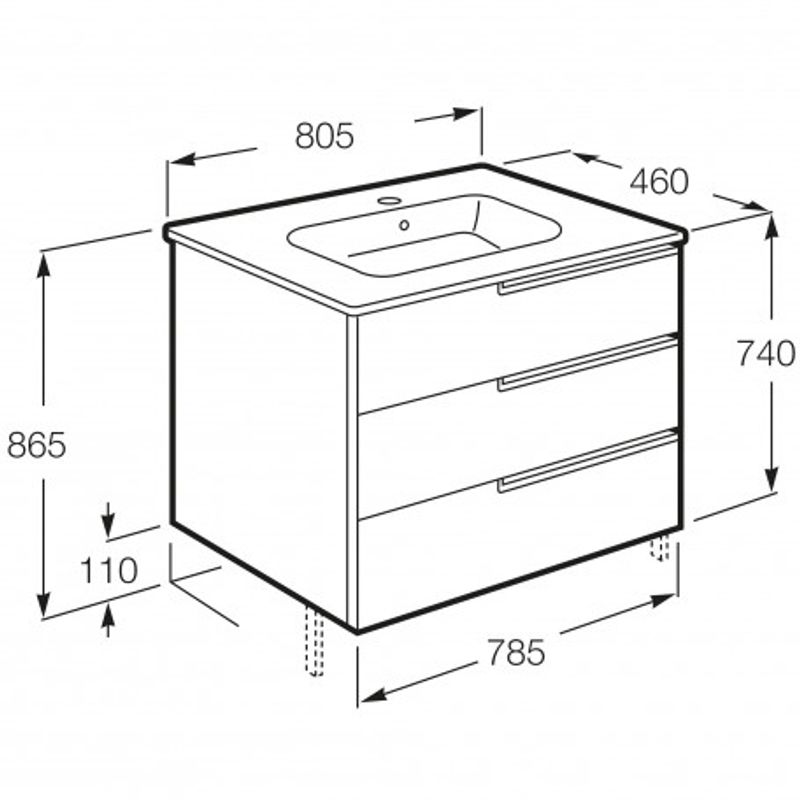 Тумба с раковиной Roca Victoria Ice Edition 80 см  3ящ. ZRU9302835 + 32799C000 белый глянцевый